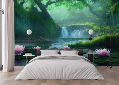 Waterfall on a forest lake with water lilies on a summer day 3d illustration Wall mural