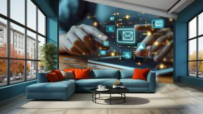 We offer customer support and helpdesk advice online. A company representative touching on a virtual screen icon (email, address, live chat, telephone). Wall mural