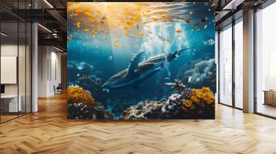 Whale and marine life swimming in ocean in split view Wall mural