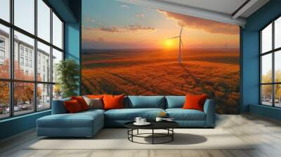 Windmill in field at evening, with beautiful clouds and sunset, located outside the city. Wall mural