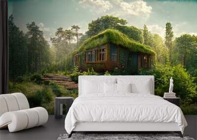 Wooden house in the summer forest, green trees and grass. Wall mural