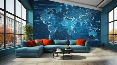 World map of terrain with radar interface, concept of communication Wall mural