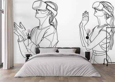 Young girl with virtual reality glasses device in a minimalist lineart design drawing continuously Wall mural