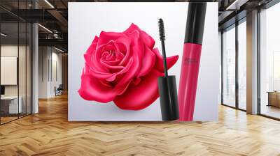 Mascara in realistic style on red rose background, vector illustration Wall mural