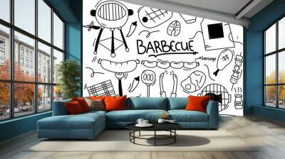 Barbecue grill hand-drawn outline doodle Set. BBQ Vector Illustration Barbecue party Sketch. Barbeque tools charcoal firewood and products hand drawing  Wall mural