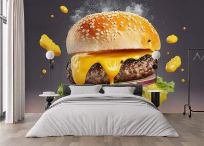 A hyper realistic photograph of a sesame bun burger wit Wall mural