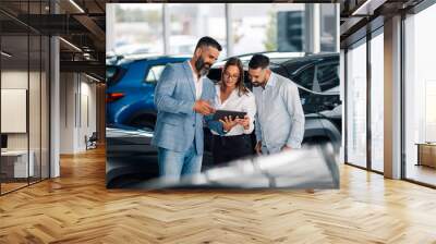 Dynamic car sales interaction between dealership and clients. Wall mural