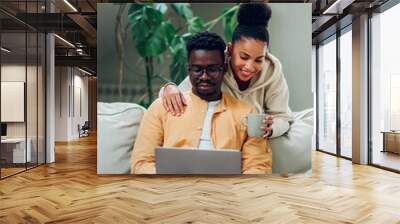 Multiracial couple using laptop while sitting on a sofa at home Wall mural