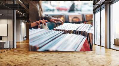 Woman hands choosing vinyl record in music record shop Wall mural