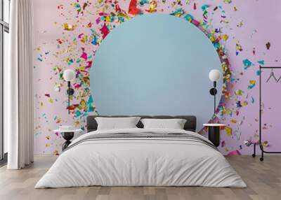 colorful celebration background with party confetti on pink back Wall mural