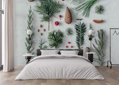 Creative natural layout made of winter things on marble backgrou Wall mural