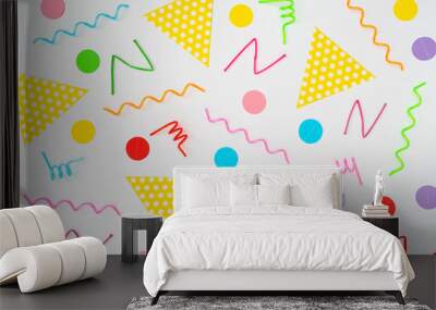 Multicolor geometric shapes pattern. Retro vintage abstract art print. Memphis style 80s  - 90s. Various party objects. Wall mural