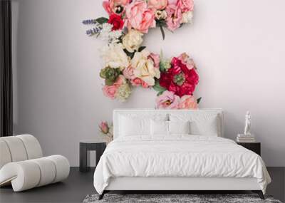 Number 5 made of real natural flowers and leaves. Flower font concept. Unique collection of letters and numbers. Spring, summer and valentines creative idea. Wall mural