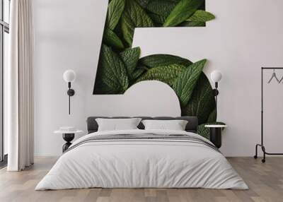 Number five shape cutout with green leaves. Nature concept. Flat Wall mural