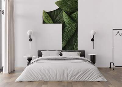 number one shape cutout with green leaves. nature concept. flat Wall mural