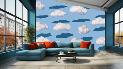 Pattern made of clouds of cotton wool on pastel blue background. Cyberpunk aesthetic concept art. Minimal surrealism. Wall mural