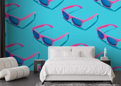 Pink sunglasses pattern on pastel blue background. Minimal summer concept. Wall mural