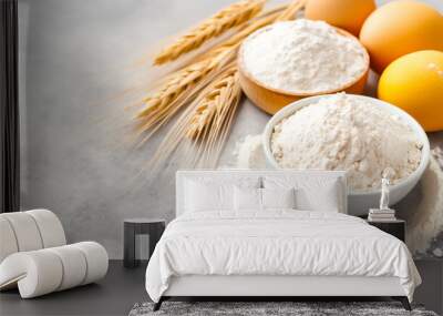 A bowl of flour sits beside fresh eggs and stalks of wheat, highlighting the essential ingredients for baking, creating a warm culinary atmosphere Wall mural