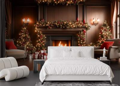 A charming holiday living room features a glowing fireplace surrounded by decorated Christmas trees and an array of wrapped gifts, creating a warm festive atmosphere Wall mural