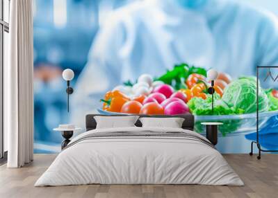 A chef in a white uniform holds a glass platter filled with vibrant, fresh vegetables including tomatoes, lettuce, and peppers in a contemporary kitchen setting Wall mural