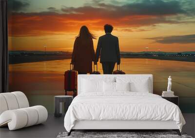 A couple walks hand in hand, carrying luggage as they head toward a sunset at the airport. The colorful sky creates a romantic atmosphere for their getaway Wall mural