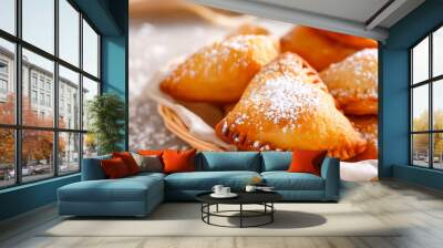 A delightful cluster of freshly baked triangular pastries, golden brown and lightly dusted with powdered sugar, await indulgence in a charming kitchen setting Wall mural