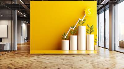 A growth chart showcases white pillars with green plants, symbolizing financial progress and sustainability, all set against a vibrant yellow backdrop Wall mural