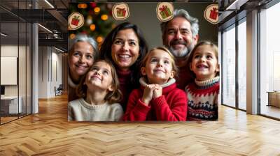 A joyful family poses together in front of a beautifully decorated Christmas tree, smiling warmly and surrounded by gift icons, capturing the festive spirit Wall mural