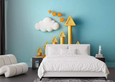 A playful arrangement of geometric shapes illustrates a growth chart, featuring upward arrows, a fluffy cloud, and cheerful stars set against a soft blue backdrop Wall mural