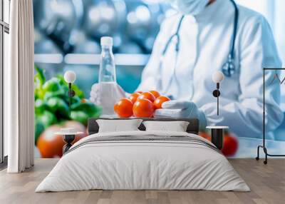 A scientist in protective gear inspects ripe tomatoes and fresh greens in a lab setting, showcasing the importance of food safety and quality control practices Wall mural