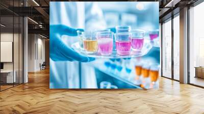 A scientist wearing gloves transports a tray filled with various colorful chemical solutions, showcasing a vibrant array of liquids in a modern laboratory setting Wall mural