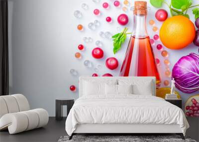 A variety of fresh fruits and vegetables are arranged artistically around a bottle of salad dressing, showcasing vibrant colors and healthy choices for meals Wall mural