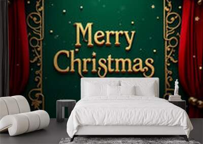 A vibrant Merry Christmas banner displays deep red and emerald green tones intertwined with ornate gold designs, creating a festive and elegant atmosphere perfect for holiday cheer Wall mural