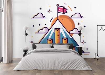 A vibrant mountain rises with a colorful flag fluttering atop while a bar chart symbolizes growth and achievement, set against a serene sunset background Wall mural