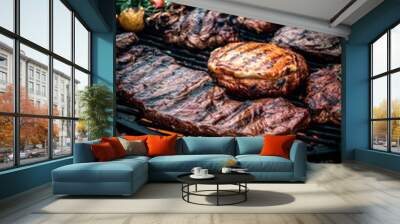 Assorted delicious grilled meat with vegetables on barbecue grill with flame. Picnic concept. Generative AI Wall mural