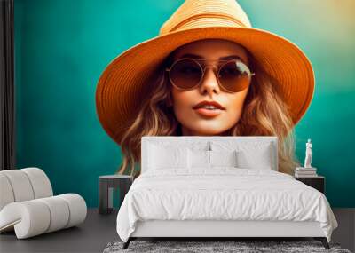 Attractive lovely young woman in sunglasses and hat standing over blue background. Summer accessories. Summer concept. Generative AI  Wall mural