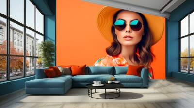 Attractive lovely young woman in sunglasses and hat standing over orange backgound. Generative AI Wall mural