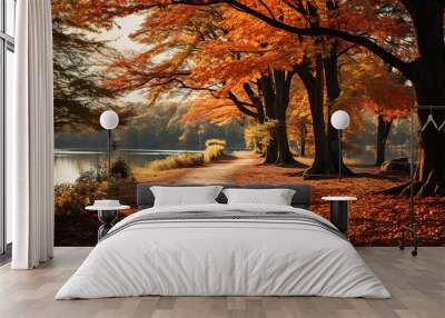 autumn season landscape in park, view of yellow trees alley background Wall mural