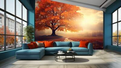 autumn season landscape in park, view of yellow trees alley background Wall mural