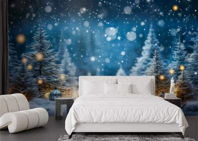 Beautiful fir trees in winter landscape, illustration. space for text. Christmas postcard Wall mural