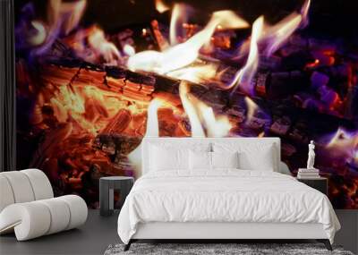 Burning firewood in the fireplace close up, BBQ fire, charcoal background. Charcoal fire with sparks Wall mural