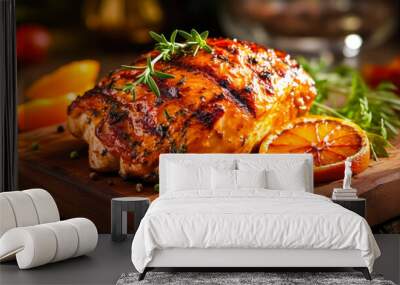 Closeup of tasty roast chicken breast served on wooden board. Delicious food. Grilled chicken. Generative AI Wall mural