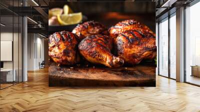 Closeup of tasty roast chicken breast served on wooden board. Delicious food. Grilled chicken. Generative AI Wall mural