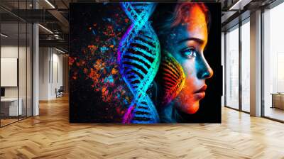 Concept of biochemistry with dna molecule, Human face, DNA on dark background. Ai generated Wall mural