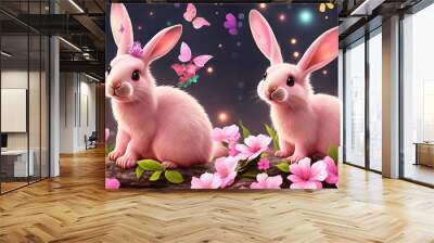 cute pink rabbits is surrounded in spring flowers meadow, butterflies. illustration. Generative AI Wall mural