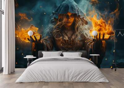 Dark and beautiful witch conjures on Halloween night. Fairy tales. Halloween magic Wall mural