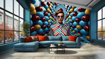 fashion cover, brunet model in colorful outfit in fashion sunglasses on abstract colorful background Wall mural