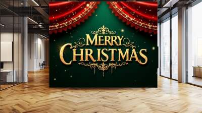 Festive design showcases a “Merry Christmas” banner adorned with rich red curtains and lush green tones, elegantly embellished with gold detailing for the holiday season Wall mural