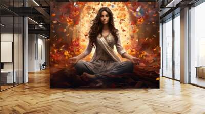 goddess woman meditating in a lotus pose surrounded light and butterflies, on abstract background Wall mural