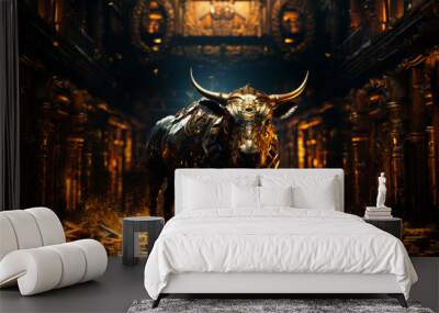 Golden bull sculpture like symbol representing financial market trends, crypto currency market Wall mural